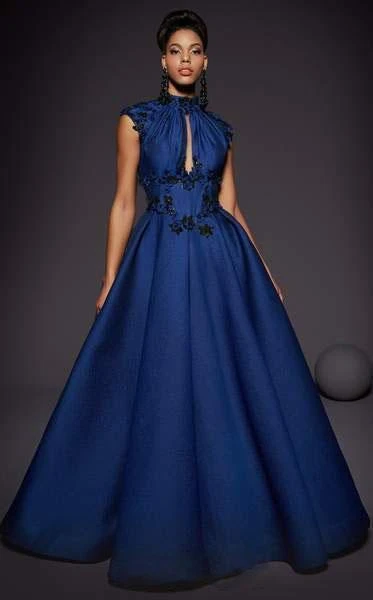 MNM COUTURE - 2444 Floral Applique High Neck Ballgown With Train Formal Gowns 3 MNM COUTURE - 2444 Floral Applique High Neck Ballgown With Train Formal Gowns