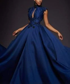 MNM COUTURE - 2444 Floral Applique High Neck Ballgown With Train Formal Gowns 7 MNM COUTURE - 2444 Floral Applique High Neck Ballgown With Train Formal Gowns