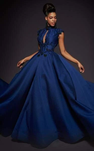 MNM COUTURE - 2444 Floral Applique High Neck Ballgown With Train Formal Gowns 5 MNM COUTURE - 2444 Floral Applique High Neck Ballgown With Train Formal Gowns