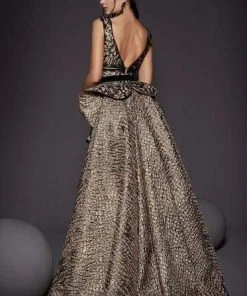 MNM COUTURE - 2446 Plunging V-Neck Leopard Print Peplum Gown