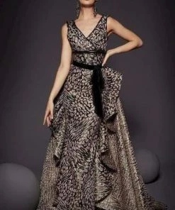 MNM COUTURE - 2446 Plunging V-Neck Leopard Print Peplum Gown