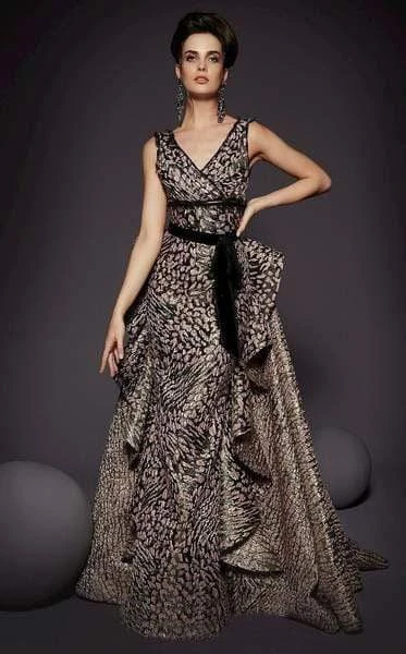 MNM COUTURE - 2446 Plunging V-Neck Leopard Print Peplum Gown 3 MNM COUTURE - 2446 Plunging V-Neck Leopard Print Peplum Gown