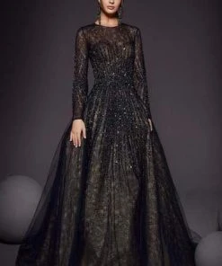 MNM COUTURE - 2449 Embellished Lace Long Sleeve Ballgown