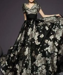 MNM COUTURE - 2453 Cap Sleeve A-line Dress With Train Formal Gowns