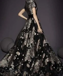 MNM COUTURE - 2453 Cap Sleeve A-line Dress With Train Formal Gowns