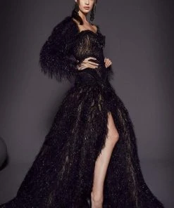 Formal Gowns MNM COUTURE - 2457 Strapless Feather-Fringed High Slit Gown 8 Formal Gowns MNM COUTURE - 2457 Strapless Feather-Fringed High Slit Gown