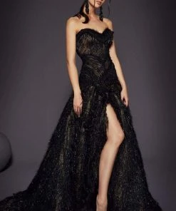 Formal Gowns MNM COUTURE - 2457 Strapless Feather-Fringed High Slit Gown 9 Formal Gowns MNM COUTURE - 2457 Strapless Feather-Fringed High Slit Gown