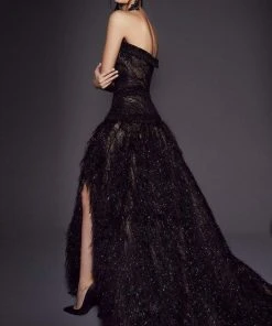 Formal Gowns MNM COUTURE - 2457 Strapless Feather-Fringed High Slit Gown 10 Formal Gowns MNM COUTURE - 2457 Strapless Feather-Fringed High Slit Gown