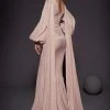 Formal Gowns MNM COUTURE - 2473 V-Neck Long Sleeves Train Evening Gown
