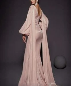 Formal Gowns MNM COUTURE - 2473 V-Neck Long Sleeves Train Evening Gown