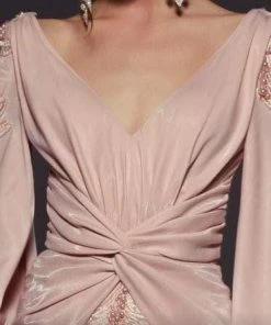 Formal Gowns MNM COUTURE - 2473 V-Neck Long Sleeves Train Evening Gown