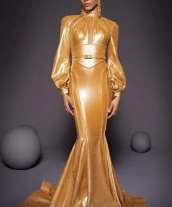 Formal Gowns MNM COUTURE - 2474 High Neck Long Sleeves Mermaid Gown