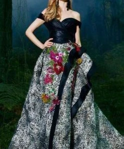 Formal Gowns MNM COUTURE - 2489 Off-Shoulder Floral Appliqued Gown With Overskirt