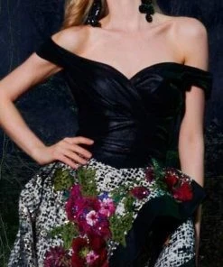 Formal Gowns MNM COUTURE - 2489 Off-Shoulder Floral Appliqued Gown With Overskirt