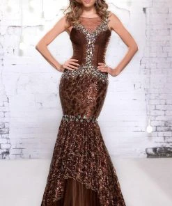 MNM COUTURE 9116 Shimmering Mermaid Evening Dress - 1 Pc Brown In Size 4 Available