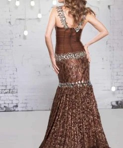 MNM COUTURE 9116 Shimmering Mermaid Evening Dress - 1 Pc Brown In Size 4 Available