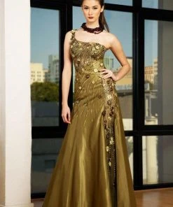 Formal Gowns MNM Couture - 9323 Asymmetric Metallic Evening Gown