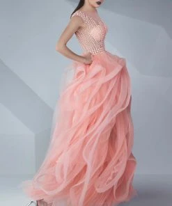 MNM Couture - Beaded Ruffled Tulle Long Gown G0598 Formal Gowns