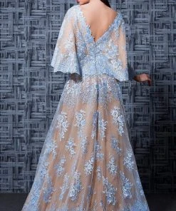 Formal Gowns MNM COUTURE - Floral Embroidered Deep V-neck A-line Gown K3571 - 1 Pc Blue In Size 8 Available
