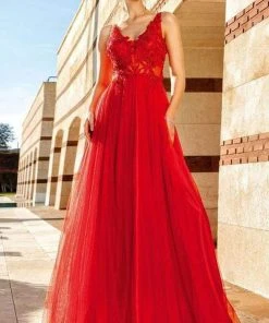 MNM COUTURE - Floral Embroidered V-neck A-line Gown F4884 - 1 Pc Red In Size 2 Available Formal Gowns
