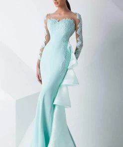 MNM Couture - G0739 Beaded Long Sleeved Fitted Mermaid Gown