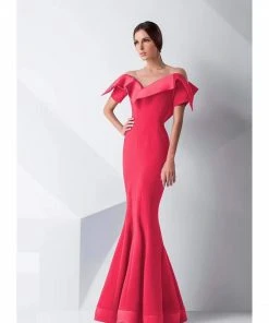 Formal Gowns MNM Couture - G0782 Folded Off-Shoulder Mermaid Gown - 1 Pc Coral In Size 6 Available