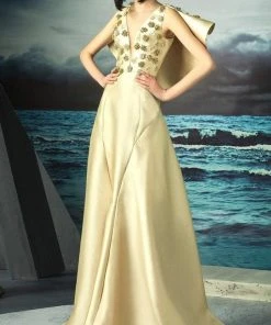 Formal Gowns MNM Couture - G0825 Illusion Plunging Gown With Ruffled Cape