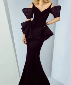 MNM Couture - G0877 Sequined Off-Shoulder Peplum Mermaid Gown
