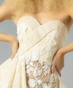 MNM Couture - G0882 Strapless Rosette Applique Peplum Long Gown