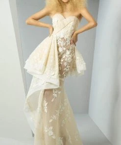 MNM Couture - G0882 Strapless Rosette Applique Peplum Long Gown