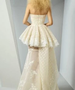 MNM Couture - G0882 Strapless Rosette Applique Peplum Long Gown