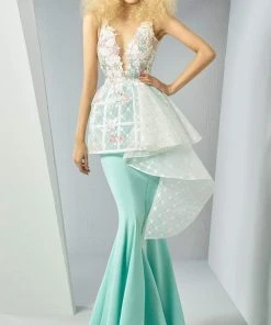 MNM Couture - G0885 Plunging Appliqued Cascading Peplum Gown Formal Gowns