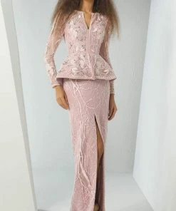 Formal Gowns MNM Couture - G0886 Long Sleeve Plunging V-Neck Split Peplum Lace Gown
