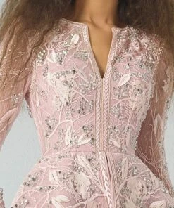 Formal Gowns MNM Couture - G0886 Long Sleeve Plunging V-Neck Split Peplum Lace Gown