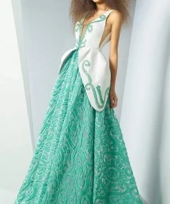 MNM Couture - G0888 Embroidered Deep V-neck Two Tone Ballgown