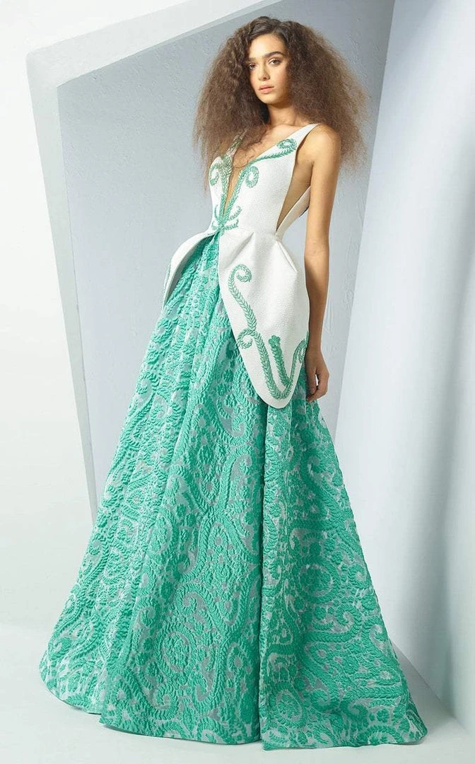 MNM Couture - G0888 Embroidered Deep V-neck Two Tone Ballgown 3 MNM Couture - G0888 Embroidered Deep V-neck Two Tone Ballgown