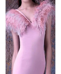 Formal Gowns MNM COUTURE - G1027 Feathered V-neck Mermaid Dress