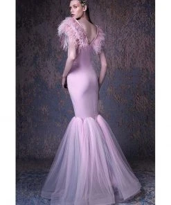 Formal Gowns MNM COUTURE - G1027 Feathered V-neck Mermaid Dress