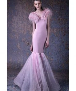 Formal Gowns MNM COUTURE - G1027 Feathered V-neck Mermaid Dress