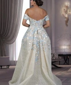 MNM Couture - K3533 Off Shoulder Floral Pleated Ballgown Formal Gowns