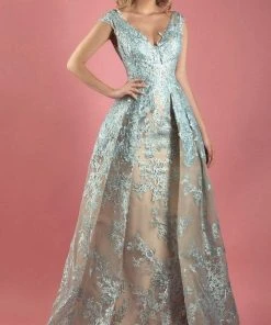 MNM Couture - K3562 Cap Sleeves Embroidered Gown With Overskirt