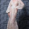Formal Gowns MNM Couture - K3580 Bishop Sleeves Deep V-neck Sheath Gown