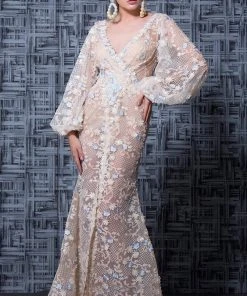 Formal Gowns MNM Couture - K3580 Bishop Sleeves Deep V-neck Sheath Gown