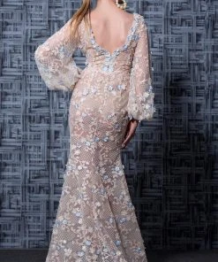 Formal Gowns MNM Couture - K3580 Bishop Sleeves Deep V-neck Sheath Gown