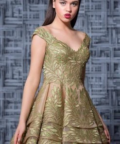 MNM Couture - K3582 Embroidered Wide V-neck Tiered A-line Dress