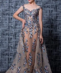 MNM Couture - K3595 Floral Off-Shoulder Illusion Evening Gown