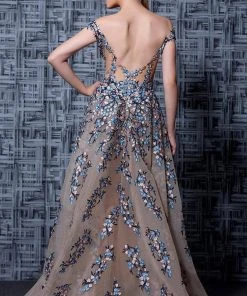 MNM Couture - K3595 Floral Off-Shoulder Illusion Evening Gown