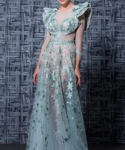 MNM Couture - K3602 Long Sleeved Sheer Embellished Gown Formal Gowns