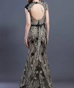 MNM COUTURE - K3642 Applique Scoop Trumpet Dress With Open Back