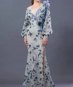 Formal Gowns MNM COUTURE - K3653 Embroidered Asymmetric Neck Trumpet Dress